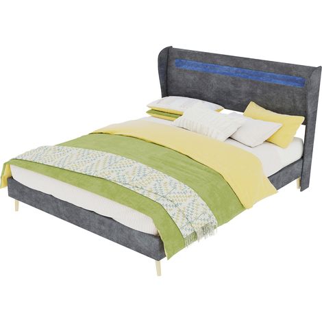 Lit capitonné moderne LED 140x200 cm gris, tête de lit molle, sommier bas sans rangement, matelas inclus – chambre contemporaine (1/4)