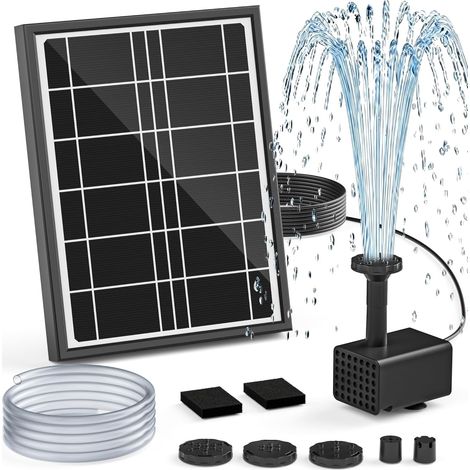 Pompe solaire pour fontaine à oiseaux, 4 W, câble secteur 3 m, support de sol réglable, 5 modes de pulvérisation, tuyau 1,2 m, anti-séchage, silencieuse pour bassin et étang à poissons