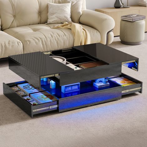 JOOKGBD-Couchtisch 78x78x43 cm Ausziehbarer,Beistelltisch mit Stauraum und LED-Beleuchtung,2 Schubladen,Couchtisch für das Wohnzimmer,Beistelltisch für das Wohnzimmer oder Büro,Schwarz