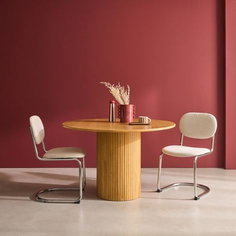 Table à manger ronde bois d'hévéa et placage chêne naturel 4 places - Ø 115 x 73 cm - Estelle