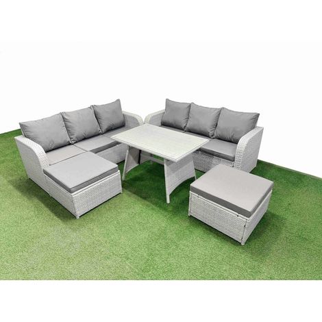 Fimous Patio Dining Table & Chairs Set Rattan High Back Lounge Sofa Set with 3 Seater Sofa 2 Big Stool Light Grey (1/4)