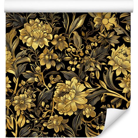 Papier peint Hibiscus doré, ocre et or, formes douces, 50 x 1000 cm (1/5)