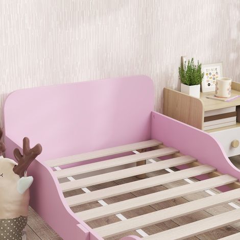 Lit enfant avec barrière de sécurité, cadre de lit simple pour chambre d'enfant, sommier en MDF, teinte rose, sans matelas, taille unique (1/5)