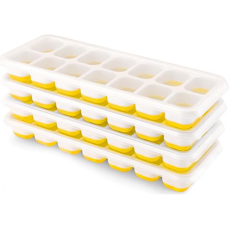 Set mit 4 Silikon-Eiswürfelformen mit Deckel, leicht zu entnehmende quadratische Eiswürfelformen (gelb) (1/5)