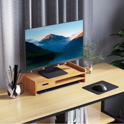 Soporte para monitor 49x25.5x11.5 cm color natural de bambú con cajón y compartimento (1/5)