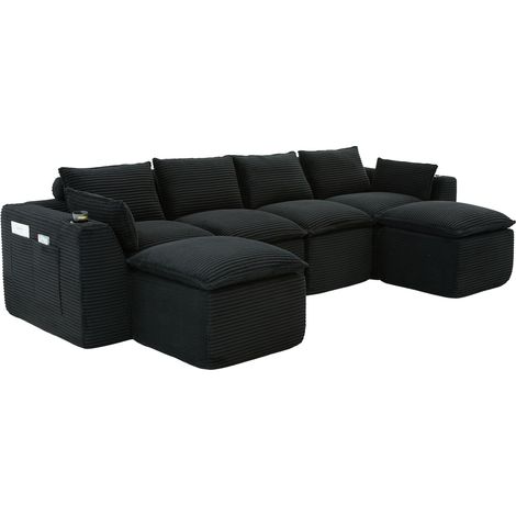 Divano modulare 4 posti in velluto a coste nero con 2 pouf, cuscini e portabicchieri MODENUIT (1/5)