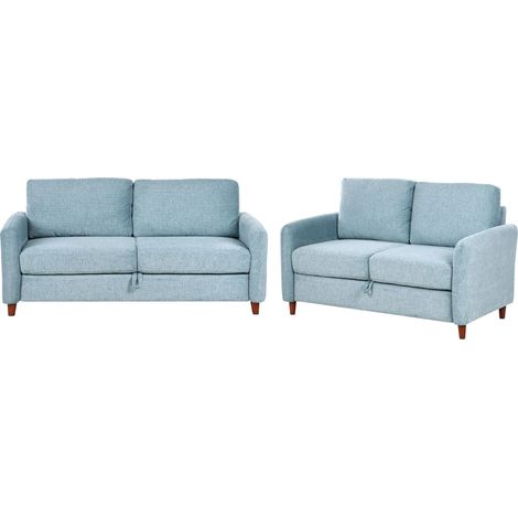 Set da salotto composto da divani da 2 e 3 posti rivestito in tessuto azzurro con braccioli Mare