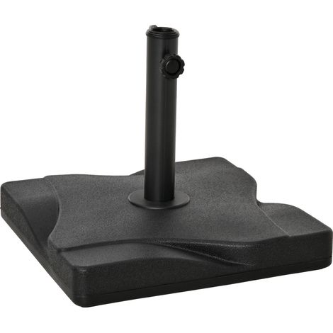 Base quadrata in cemento nero per ombrellone, con portata massima di 20 kg, compatibile con pali di diametro Ø 32 mm, Ø 38 mm e Ø 48 mm.