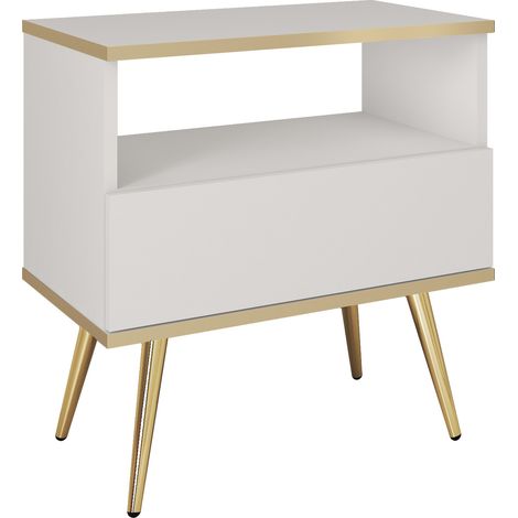 Table de Nuit Banff S54 - Blanche - Détails dorés - Tiroir - Largeur 54 cm, Hauteur 59 cm, Profondeur 39 cm (1/4)
