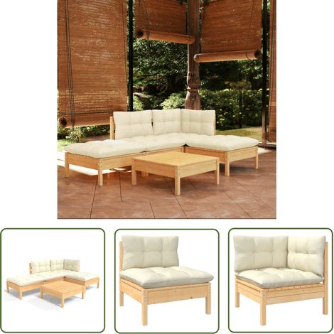 Salon de jardin 5 pcs Contemporain, Ensemble repas de jardin, avec coussins crème Bois de pin OIB6927E (1/5)