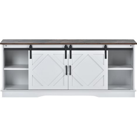 Meuble TV avec portes coulissantes style ferme, 150x40x60 cm, rangement ajustable, blanc et marron (1/5)