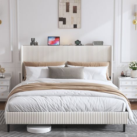 Cadre de lit 180x200 cm plateforme capitonnée, tête tissu, bords ailés, antidérapant, lattes métal, sans sommier, matelas non inclus (1/5)