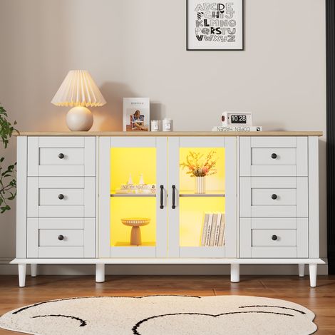 Meuble de salon 150 × 40 × 75 cm, avec tiroirs et éclairage LED, meuble de salle à manger, meuble d'appoint multifonctionnel pour canapé, blanc et finition bois