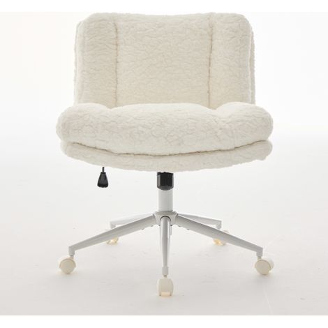 Chaise de bureau large 67cm,simili poil de lapin,base métal,réglable et pivotante,idée chaise de coiffeuse,couleur crème. (1/5)