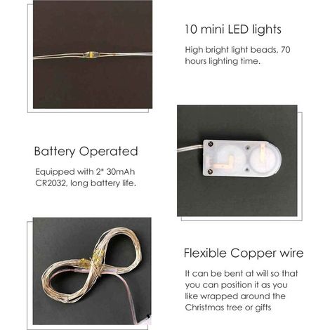 Guirlande Lumineuse LED Fil de Cuivre Guirlande Lumineuse de Noël à Piles pour Vacances Intérieures et Extérieures Décorations Cadeaux de Fête de Jardin de Noël 1M 10.A (1/5)
