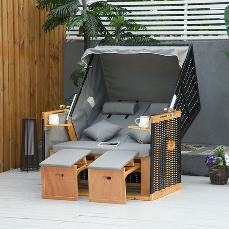 Chaise de plage pour 2 personnes, avec coussins, appui-tête et repose-pieds, résistante aux intempéries, gris clair (1/5)