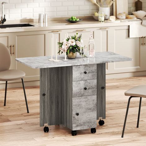 Table pliante 2 tiroirs et armoire, 6 roulettes freinées, 120x60x76.5 cm, gris bois et pierre (1/5)