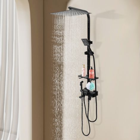 Système de douche, ensemble de douche à effet pluie, ensemble de douche pour salle de bains, mitigeur de douche noir, avec pomme de douche pour eau chaude et froide et étagère, 30 x 30 cm (1/5)