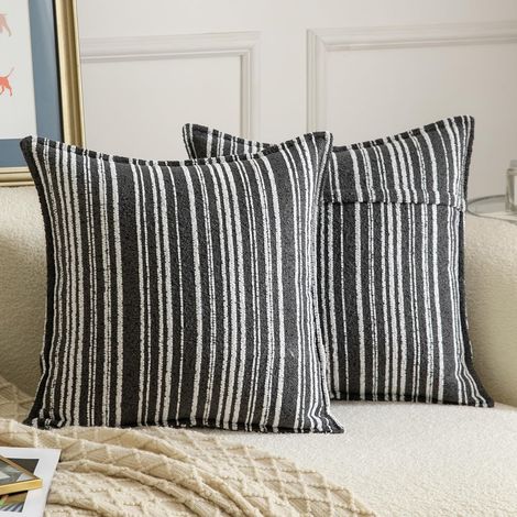 Lot de 2 Housses de coussin, Bouclés, Rayées, Fermeture éclair dissimulée, Lavable, Salon Chambre (1/5)