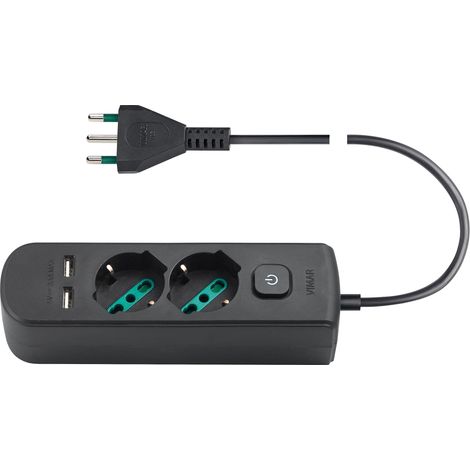 Vimar 0R00625.CC Presa multipla con interruttore e cavo da 1,5 m, 2 universale standard italiano, 2 uscite SICURY USB A, spina nero (1/4)