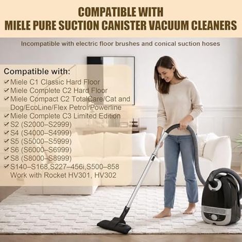 Tige télescopique 35mm & poignée courbe en plastique compatible Miele C2 C3 S4 S5 S6 S8, tube inox extensible jusqu'à 96cm, poignée tubulaire avec régulateur d'aspiration, pièces de rechange. (1/5)