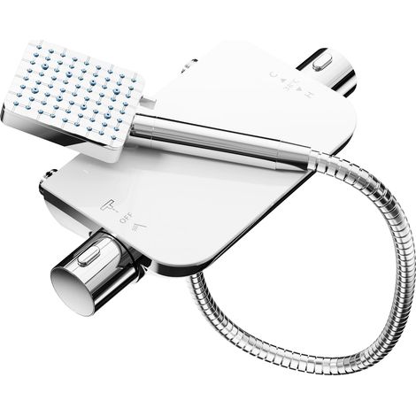 Mitigeur de Douche Thermostatique avec Pommeau de Douche Filtrant à 6 Modes, Flexible Inox 1,5 m Raccord Universel G1/2", Double Sortie d’Eau, Montage Mural, Chrome/Blanc (1/5)