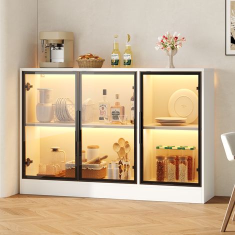 Vitrine - 120 x 30 x 73 cm - éclairage led, portes en verre trempé gris, charnières silencieuses - moderne - panneau de particules - blanc