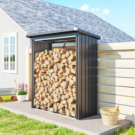 Leñero exterior 150x66.5x144 y 150 cm, suelo elevado y techo inclinado, almacenamiento multiusos, acero gris oscuro (1/5)