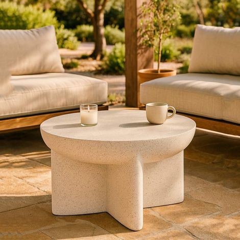 Couchtisch Cromwe, ideal für drinnen/draußen, runde Form, Tischplatte Weiß, 71x50x71h cm Marmorweiß (1/5)