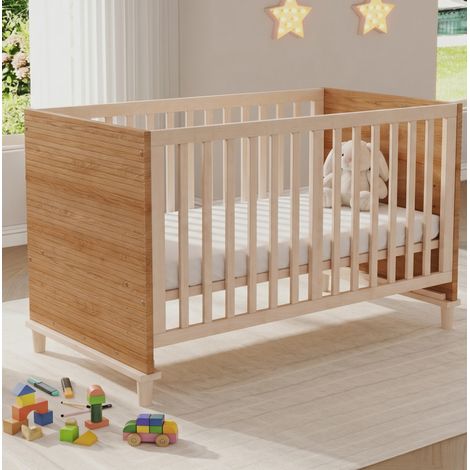 Cuna de bebé (144x74x87 cm), altura ajustable en 5 niveles, estructura estable, madera maciza y MDF, color natural (1/5)