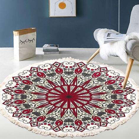 Tapis Salon Tapis rond en coton tissé à la main - Motif mandala - Style bohème vintage - Avec pompons - Lavable en machine - Pour chambre à coucher, couloir, salon, table basse - 120 cm - Fleurs XLS13