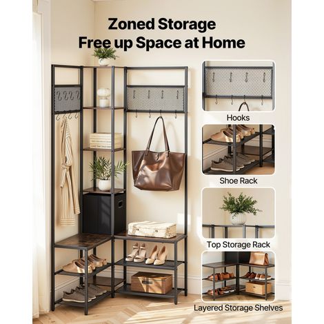 Meuble d'Entrée 180 cm, Porte Manteaux avec Étagère à Chaussures et Crochets, pour Couloir Chambre Dressing, Vestiaire d'Angle Auto… (1/5)