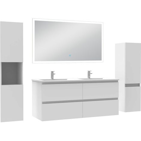 Acezanble Ensemble meuble Salle de Bain 120cm double vasque avec colonne et miroir lumineux dimmable blanc (1/5)