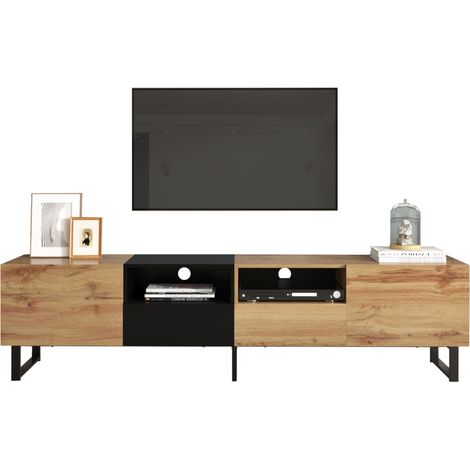 Meuble TV Moderne Noir Et Bois, Grand Espace De Rangement, Construction Robuste (1/5)