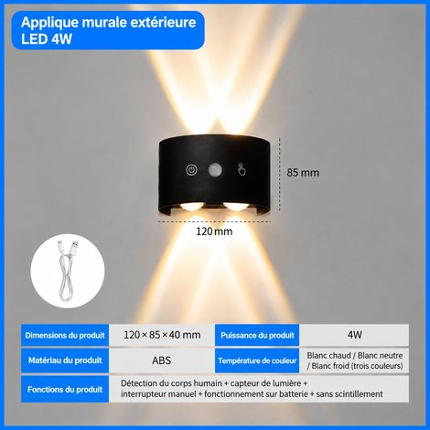 Applique murale lampe à détection RGB à 4 têtes, boîtier noir magnétique sans fil, 15 × 8 × 8 cm, 360 g. – Livraison gratuite