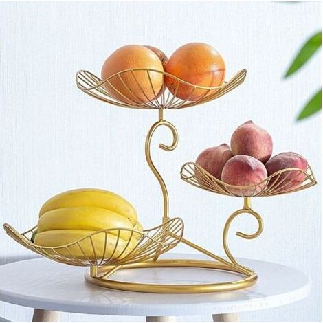 Corbeille à fruits à 3 étages, corbeille à fruits dorée, corbeille à fruits décorative livrée avec une assiette à fruits dorée-- (1/4)