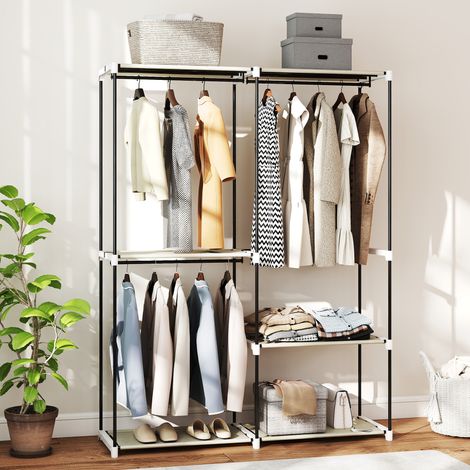 Armoire ouverte avec 4 étagères en tissu, 3 tringles, structure en métal, 142 x 43 x 185 cm, crème