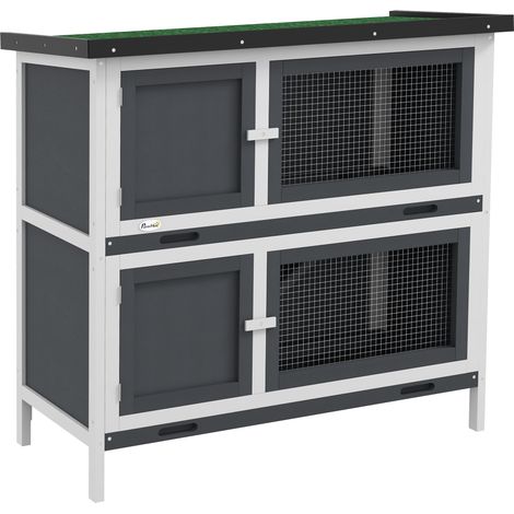 Double Decker Rabbit Hutch 2 Tier Guinea Pig House Pet Cage Outdoor with Sliding-out Tray, 100 x 47 x 91cm, Grey (1/5)