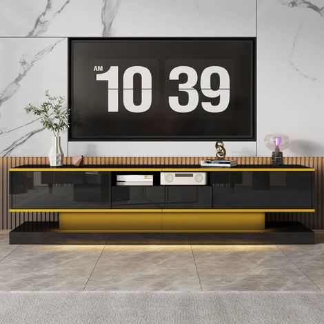 Meuble TV LED 180 cm, 3 tiroirs et 1 niche avec éclairage multicolore et finition brillante, salon, Noir (1/5)