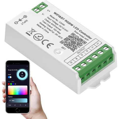 SEZO C04W RGBW Contrôleur LED WiFi Bluetooth Contrôle de groupe Compatible avec Alexa Google Home/Tuya Smart Life APP Contrôle Fonctionne avec LM091 LM096 WR01RF Télécommande DC12-24V (1/5)
