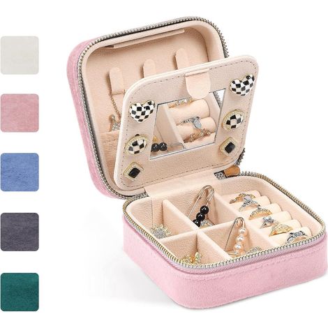 Boite Bijoux Voyage Velours Rose Miroir Boucles Bracelets Bagues Colliers (1/3)