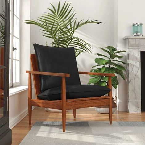Fauteuil noir, en cuir véritable et bois d'acacia massif. (1/5)