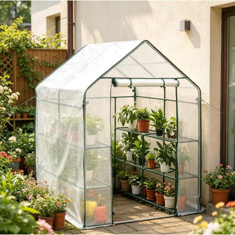 Serre de jardin 143x143x195 cm blanche en polyéthylène et acier avec ouverture zippée (1/5)