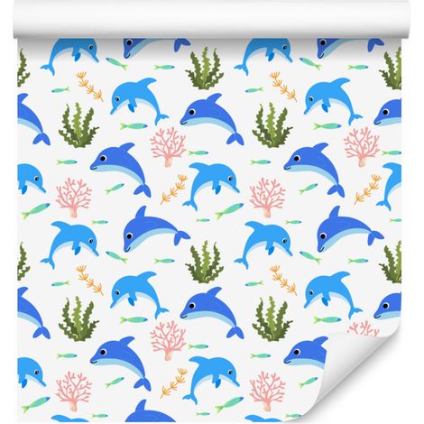 Papier peint dauphins blanc, bleu azur et vert citron pour salon et chambre 50x1000 cm (1/5)