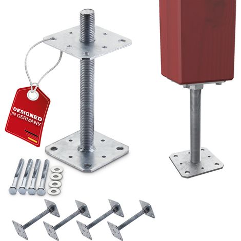 SOTECH Pfostenbeschlag Stützträger Gewinde M24 Stahl feuerverzinkt höhenverstellbar zum Aufschrauben, witterungsbeständig, 110 x 110 x 250 mm - 4 Stück