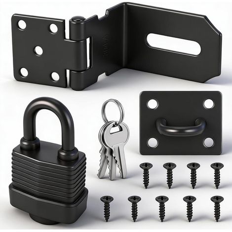 Edelstahl Riegelschloss Haspe mit Vorhängeschloss & Schrauben, 90° Schnalle Schwarz