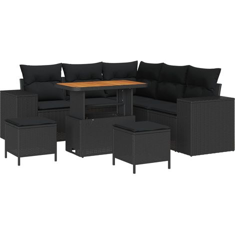 Garden Sofa Set with Cushion 8 pcs Black Poly Rattan vidaXL