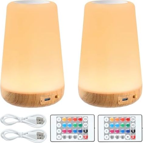Lot de 2 Lampe de Chevet avec minuterie LED Bedside Lamps avec 13 couleurs 3 modes Lampe de Bureau LED Rechargeable par USB avec télécommande pour Chambre D'enfant Chambre à Coucher un Court Séjour [C (1/5)