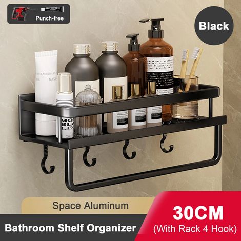 Étagère de salle de bain (30 cm, noire) sans perçage, en aluminium, à suspendre au mur. (1/5)
