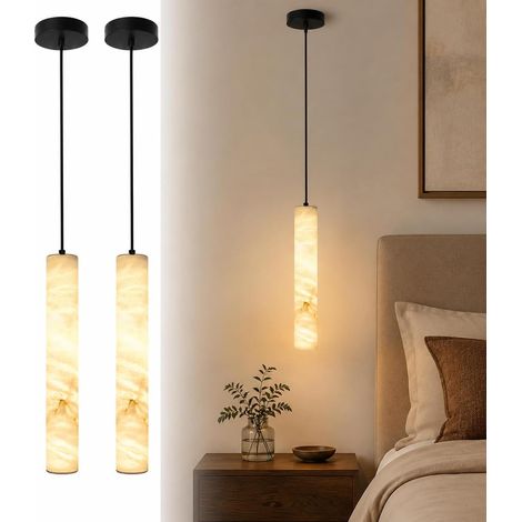 2 Suspensions Cylindriques en Pierre Naturelle, 40 cm 20 W, Lampes Suspendues Modernes à Hauteur Réglable pour Îlot de Cuisine, Noir (1/5)